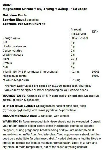 Osavi Magnesium Citrate 375 mg + B6 | P-5-P Магнезий с Витамин B6 за Мускули и Нервна Система х 180 капсули