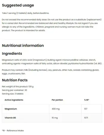 OstroVit Magnesium Citrate 400 мг + B6 Магнезиев Цитрат + Витамин B6 - 90 таблетки, 30 дози