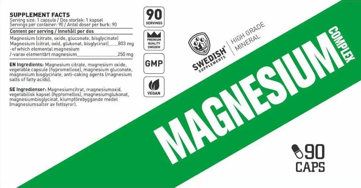 SWEDISH Supplements Magnesium Complex 4 Types Matrix ~ Citrate, Oxide, Gluconate, Bisglycinate Магнезиев Комплекс -  90 капсули, 90 дози