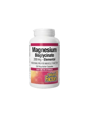 Natural Factors Magnesium Bisglycinate 200 mg Елементарен магнезий за мускулна функция и спокоен сън х 250 вегетариански капсули