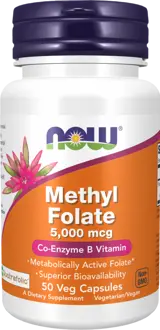 NOW Foods Methyl Folate 5000 мкг Метилфолат - 50 веге капсули, 50 дози