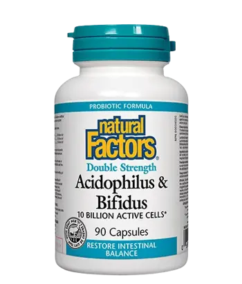 Natural Factors Acidophilus & Bifidus Double Strength 10 Billion Active Cells Ацидофилус Бифидус 10 Милиарда Активни Пробиотици - 90 капсули, 90 дози