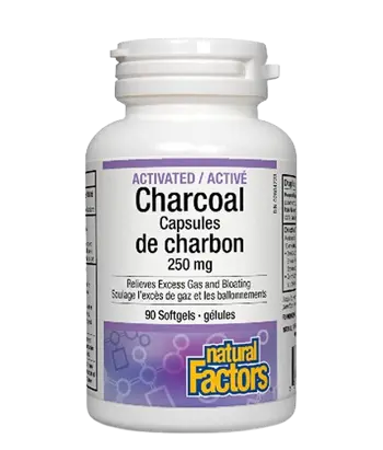 Natural Factors Activated Charcoal 250 мг Активен Въглен От Черупки на Кокосов Орех - 90 гел капсули, 90 дози