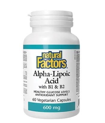 Natural Factors Alpha Lipoic Acid 600 мг With B1&B2 Алфа Липоева Киселина + Витамин В1 и В2 - 60 веге капсули, 60 дози