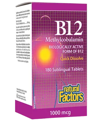 Natural Factors B12 Methylcobalamin 1000 мкг Витамин В12 (Метилкобаламин) - 180 подезични таблетки, 180 дози