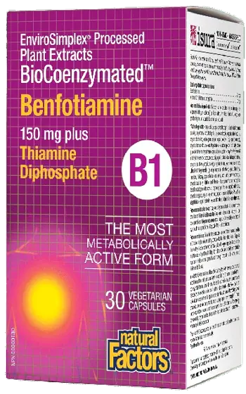 Natural Factors Benfotiamine 150 мг BioCoenzymated™ Витамин В1 (Бенфотиамин) и Тиамин Дифосфат - 30 веге капсули, 30 дози