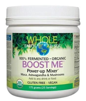 Natural Factors Boost Me™ Power-up Mixer™ Whole Earth & Sea® Формула с Мака, Ашваганда, Смес от Гъби - 175 грама пудра, 25 дози