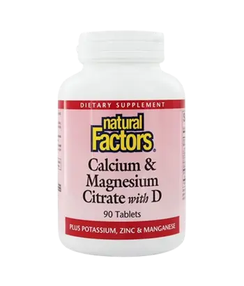 Natural Factors Calcium & Magnesium Citrate with D3 Калций с Магнезий (Цитрат) и Витамин D3 + Калий, Цинк и Манган - 90 таблетки, 90 дози