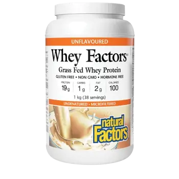 Natural Factors Чист Суроватъчен Протеин Whey Factors® Неовкусен, за Мускули и Възстановяване - 1000 грама, 38 дози