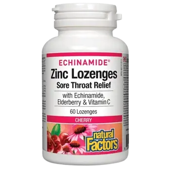 NATURAL FACTORS Echinamide Zinc Lozenges Цинк, Eхинацея, Витамин С и Черен Бъз - 60 таблетки за смучене с вкус на череша, 60 дози