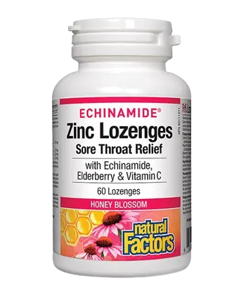 Natural Factors Echinamide® Zinc Lozenges Sore Throat Relief Цинк, Ехинацея, Витамин С и Черен Бъз - 60 таблетки за смучене с вкус на цветен мед, 60 дози