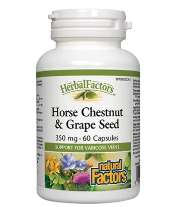 Natural Factors Horse Chestnut & Grape Seed 350 мг Див Кестен и Гроздово Семе Мощен Венотоник за Здрави Вени - 60 капсули, 30 дози