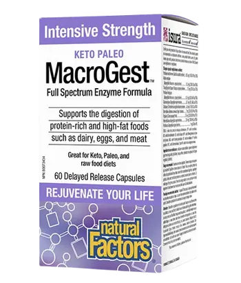 NATURAL FACTORS Keto Paleo MacroGest Храносмилателни Eнзими Подходящи за Kето и Палео Диета - 60 капсули с удължено освобождаване, 60 дози
