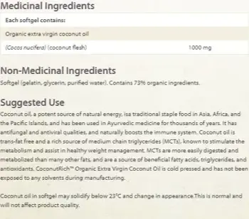 Natural Factors Кокосово масло 1000 мг CoconutRich™ Coconut Oil Extra Virgin - 120 гел капсули, 30 дози