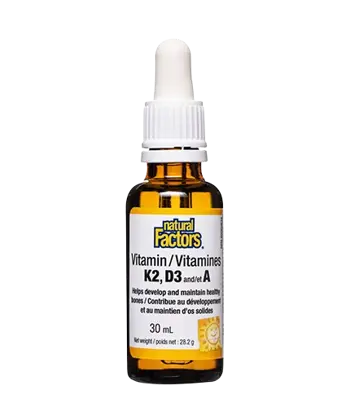 NATURAL FACTORS Liquid Vitamin K2, D3, A Здрави Kости и Превенция на Остеопороза - 30 мл, 120 дози