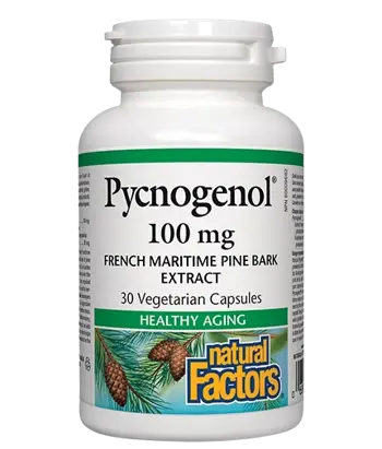 Natural Factors Pycnogenol® 100 мг Пикногенол Антиейджинг и Сърдечносъдова Функция Здраве за Кръвоносните Съдове и Кожата - 30 веге капсули, 30 дози