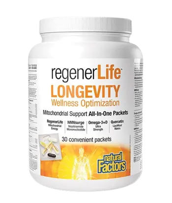 NATURAL FACTORS Regener Life Longevity 30 Дневна Програма в Подкрепа на Клетъчното и Митохондриално Здраве - 30 индивидуално опаковани пакетчета, 30 дози