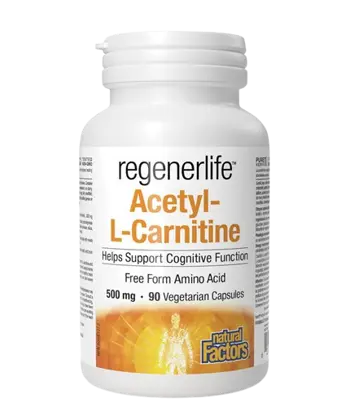 NATURAL FACTORS Regenerlife™ Acetyl-L-Carnitine 500 мг Ацетил-Л-Карнитин Енергия, Концентрация и Метаболитна Подкрепа - 90 веге капсули, 90 дози