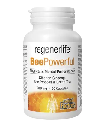NATURAL FACTORS Regenerlife™ BeePowerful 300 мг Пчелен Прашец, Прополис, Сибирски Женшен, Зелен Чай Имунна Защита и Естествена Енергия - 90 капсули, 90 дози