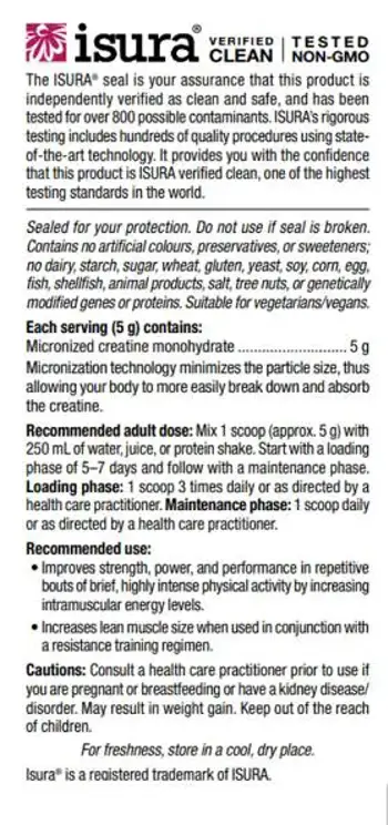Natural Factors Regenerlife™ Micronized Creatine Monohydrate 5000 мг Креатин Монохидрат (микронизиран) Сила, Издръжливост и Мускулна Ефективност - 300 грама прах, 60 дози