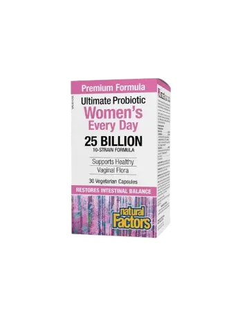 Natural Factors Ultimate Probiotic 25 Billion Пробиотик за Жени Баланс на Вагиналната и Чревната Микрофлора, 25 млрд. CFU - 30 веге капсули, 30 дози
