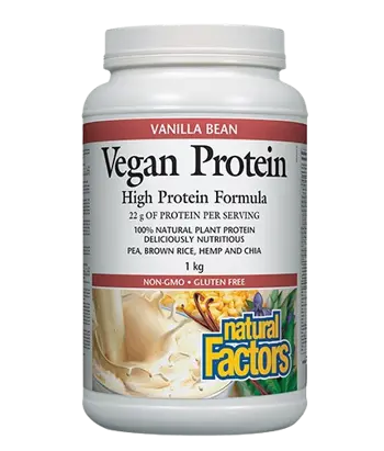 Natural Factors Vegan Protein High Protein Formula Веган Растителен Протеин Прах, с Вкус на Ванилия - 1000 грама, 20 дози