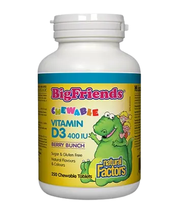 Natural Factors Витамин D3 Big Friends® 400 IU Имунитет за Деца - 250 дъвчащи таблетки с вкус горски плодове, 250 дози