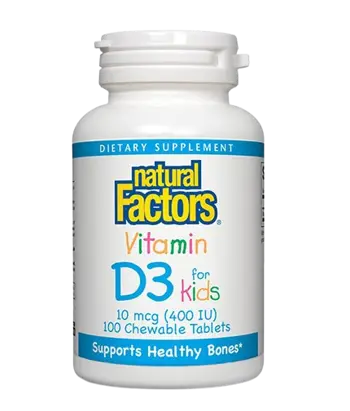 Natural Factors Vitamin D3 for Kids 400 IU Витамин D3 за Деца - 100 дъвчащи таблетки, 100 дози