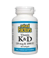 Natural Factors Vitamin K 120 мкг & Vitamin D 1000 IU Витамин К2 Здраве за Костите и Кръвоносните Съдове