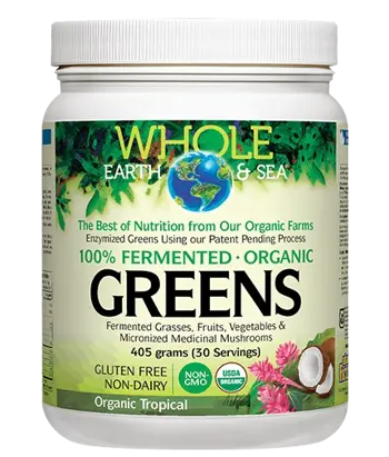 Natural Factors Whole Earth & Sea 100% Fermented Organic Greens, TropicalWhole Earth & Sea 100% Ферментирали Органик Растителни Храни, с Тропически Вкус - 390 грама прах, 30 дози