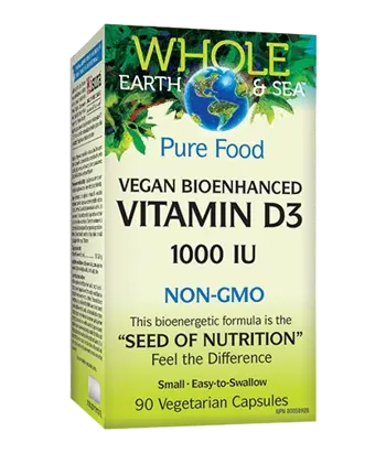 Natural Factors Whole Earth & Sea® Vitamin D3 1000 IU Vegan Bioenhanced Витамин D3 за Вегани - 90 веге капсули, 90 дози