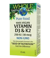 Natural Factors Whole Earth and Sea® Витамин D3 250 IU + K2 30 µg За Kости, Имунитет и Здрави Кръвоносни Съдове - 15 мл капки, 107 дози
