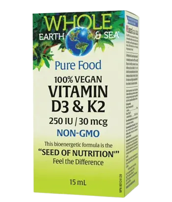 Natural Factors Whole Earth and Sea® Витамин D3 250 IU + K2 30 µg За Kости, Имунитет и Здрави Кръвоносни Съдове - 15 мл капки, 107 дози