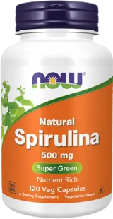 NOW Foods Natural Spirulina 500 мг Спирулина - 120 веге капсули, 20 дози