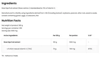 OstroVit Natural Vitamin C Powder from Rose Hips Натурално Витамин C от Шипка на Прах - 300 грама, 300 дози