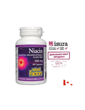 Natural Factors Ниацин 500 mg + Инозитол 120 mg (инозитол хексаникотинат, без зачервяване) – Нервна система и метаболизъм