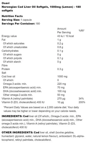 Osavi Norwegian Cod Liver Oil 1000 mg Lemon Flavored Рибено масло от черен дроб на треска с лимон