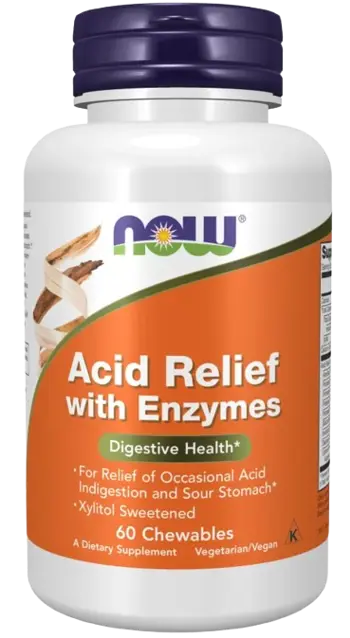 NOW Foods Acid Relief with Enzymes Комплекс от Храносмилателни Ензими - 60 дъвчащи таблетки, 30 дози