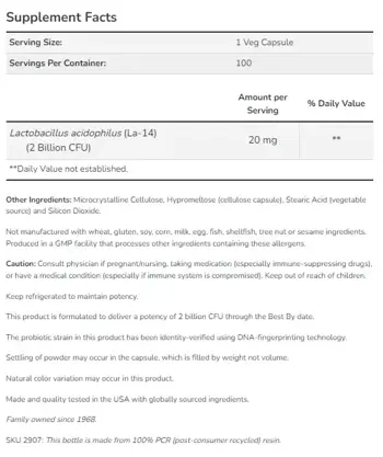 NOW Foods Acidophilus Two Billion Пробиотик - 100 веге капсули, 100 дози