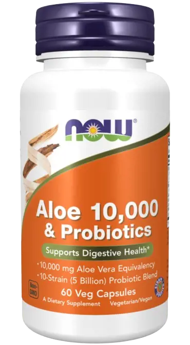 NOW Foods Aloe Vera 10,000 & Probiotics Листа от Алое Вера + Пробиотик- 60 веге капсули, 60 дози