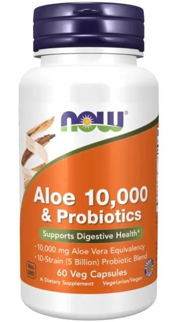 NOW Foods Aloe Vera 10,000 & Probiotics Листа от Алое Вера + Пробиотик- 60 веге капсули, 60 дози