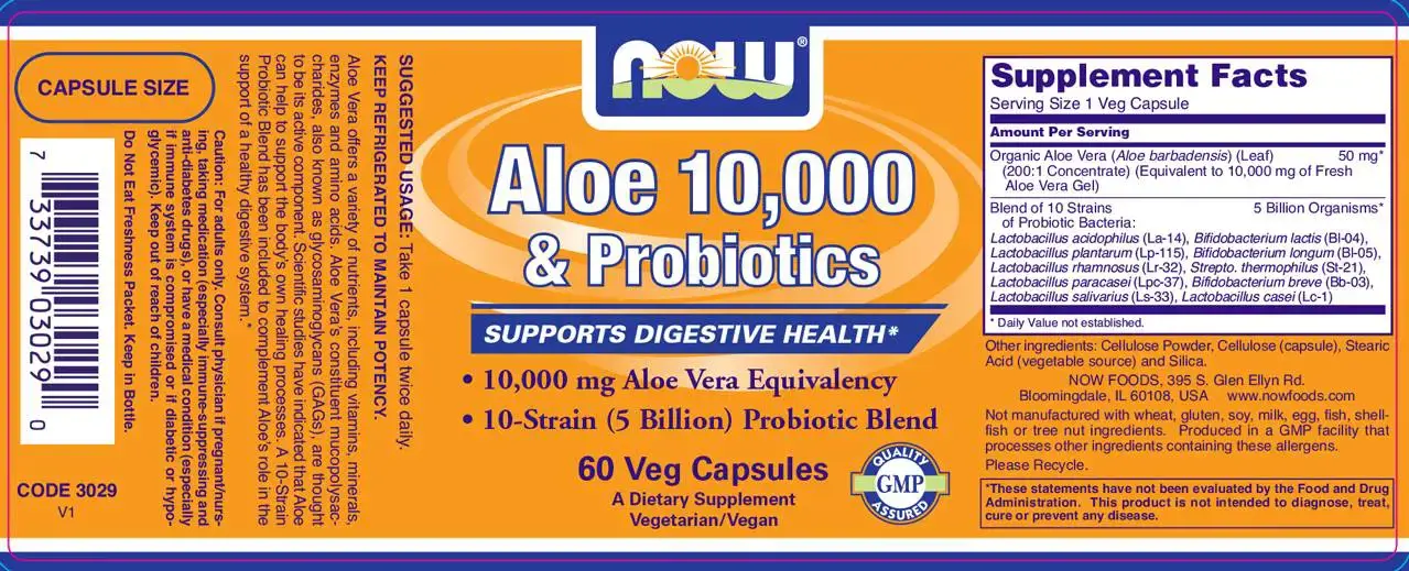 NOW Foods Aloe Vera 10,000 & Probiotics Листа от Алое Вера + Пробиотик- 60 веге капсули, 60 дози