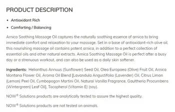 NOW Foods Arnica Soothing Massage Oil Масажно Mасло с Aрника - 237 мл