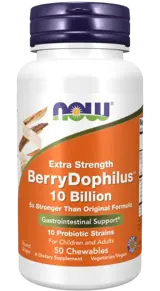 NOW Foods BerryDophilus 10 Billion Extra Strength Пробиотик за Деца 10 милиарда CFU - 50 таблетки за смучене, 50 дози