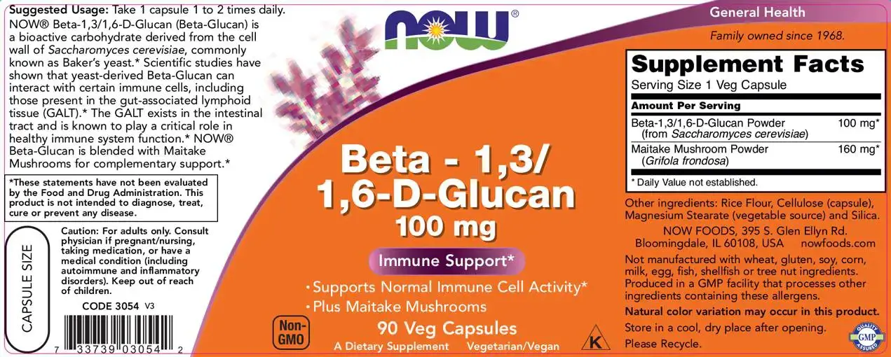 NOW Foods Beta 1,3/1,6 - D - Glucan 100 мг Бета-Глюкан - 90 веге капсули, 90 дози