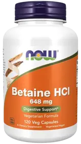 NOW Foods Betaine HCl 648 мг Бетаин HCL - 120 веге капсули, 120 дози