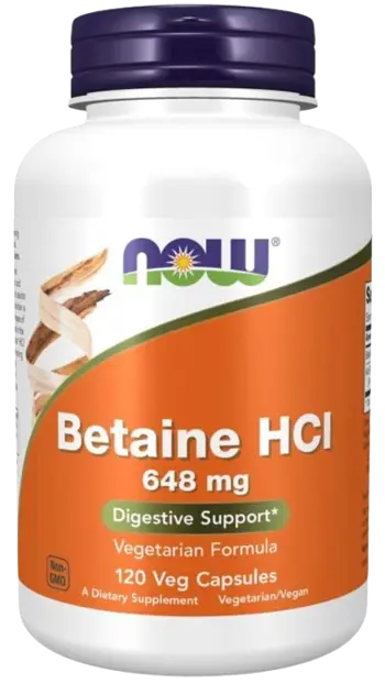 NOW Foods Betaine HCl 648 мг Бетаин HCL - 120 веге капсули, 120 дози