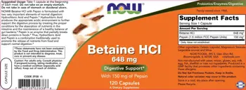 NOW Foods Betaine HCl 648 мг Бетаин HCL - 120 веге капсули, 120 дози
