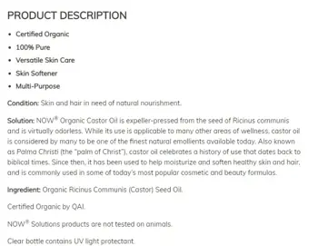 NOW Foods Castor Oil 100% Certified Organic 100% Чисто Рициново Масло - 237 мл