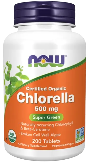 NOW Foods Chlorella Organic 500 мг Хлорела - 200 таблетки, 33 дози